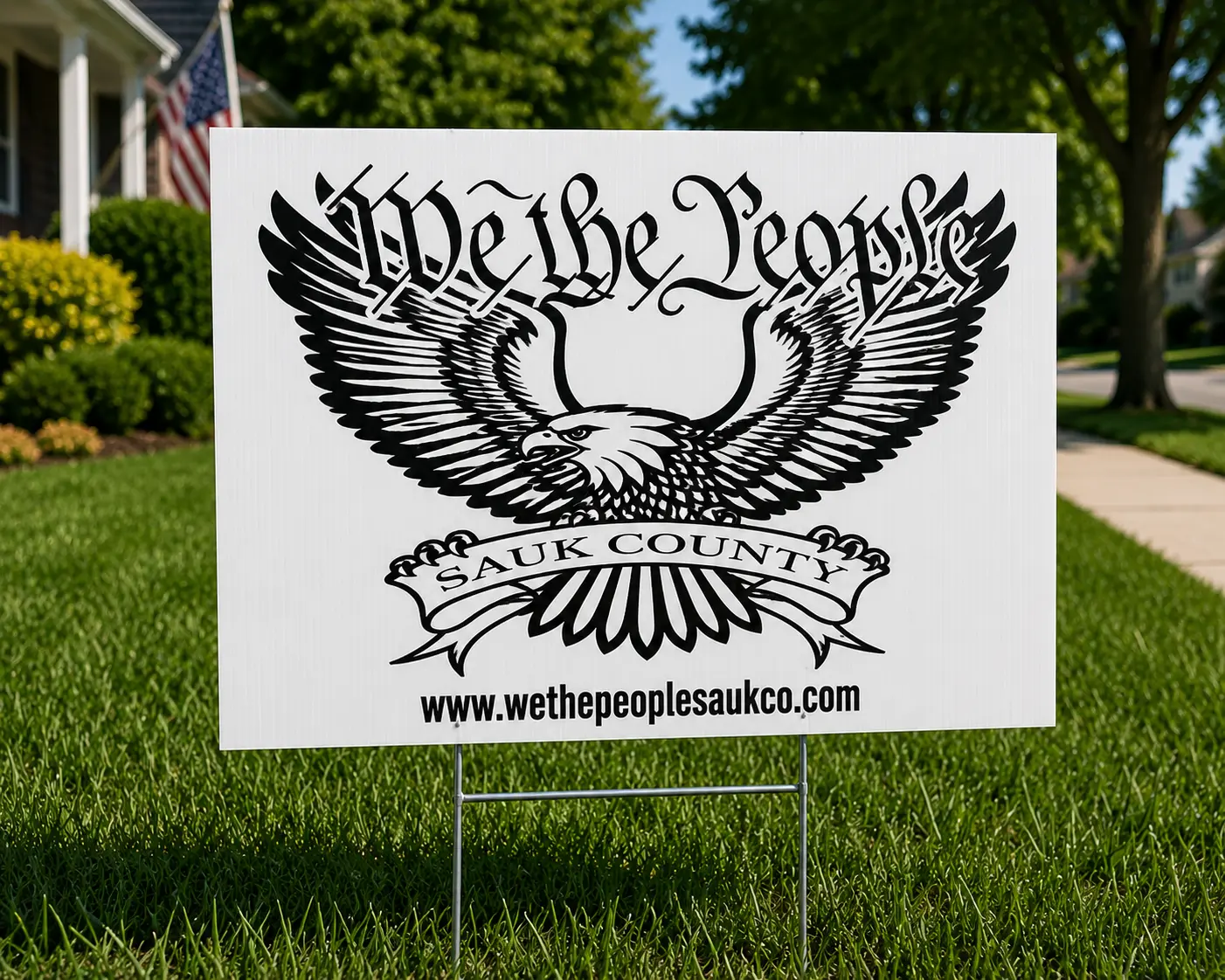 Black and white We The People Sauk County eagle yard sign on a lawn