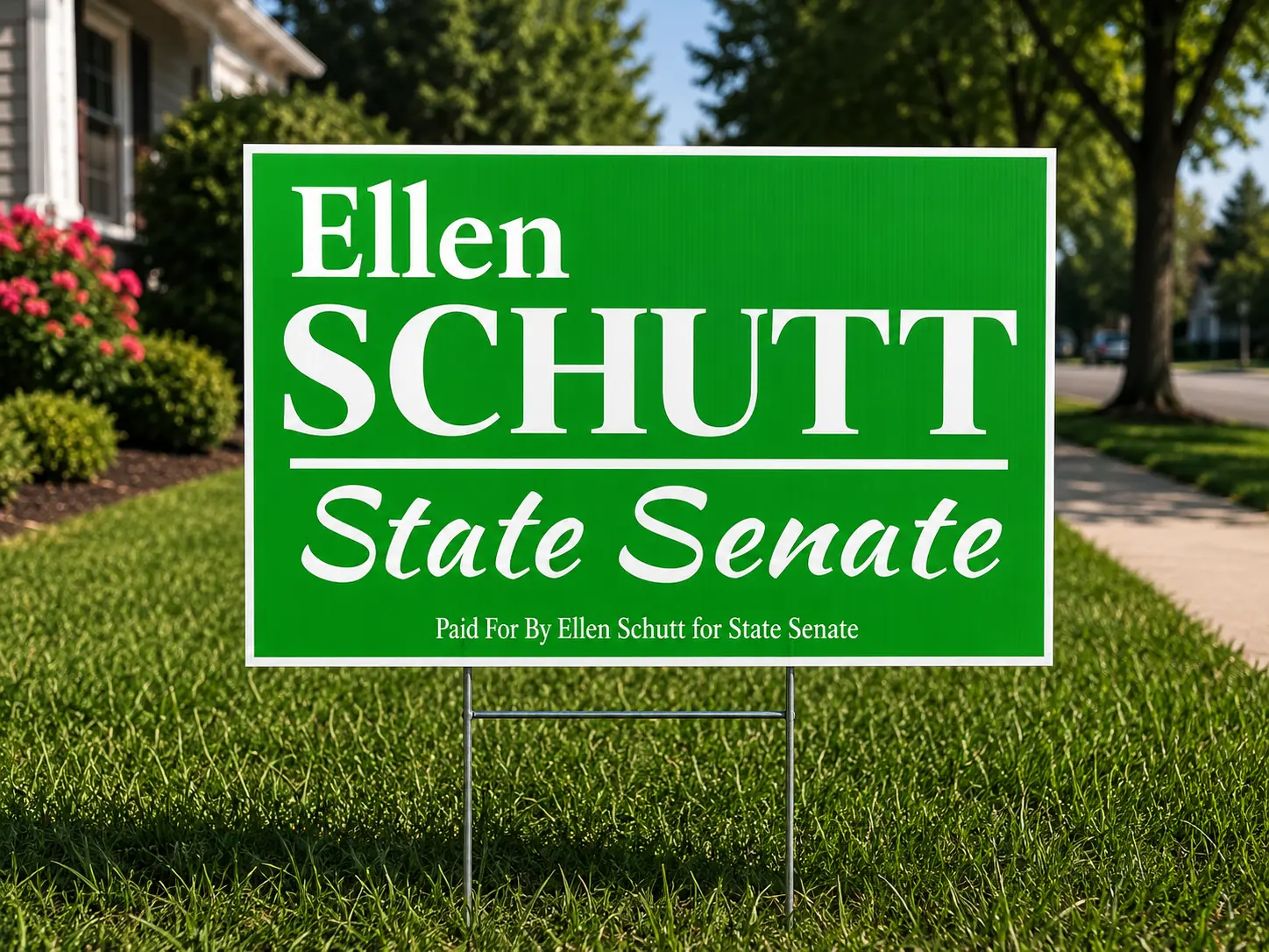 Green Ellen Schutt for State Senate weather-resistant coroplast yard sign on an H-stake