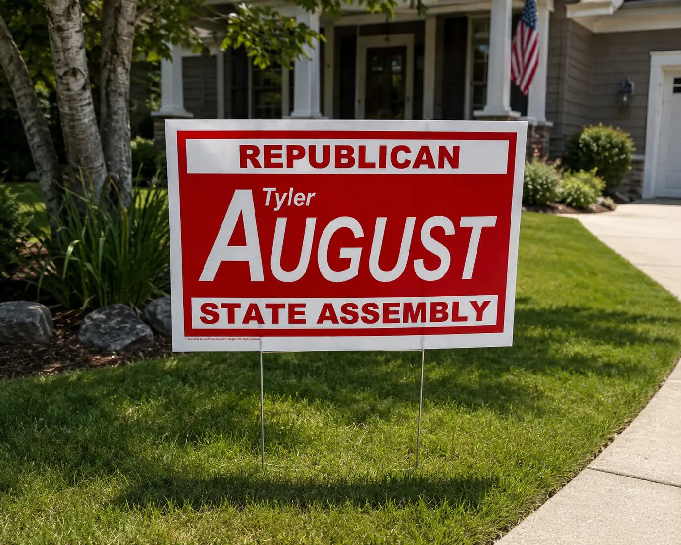 Red and white Tyler August for State Assembly full-color yard sign in a front lawn