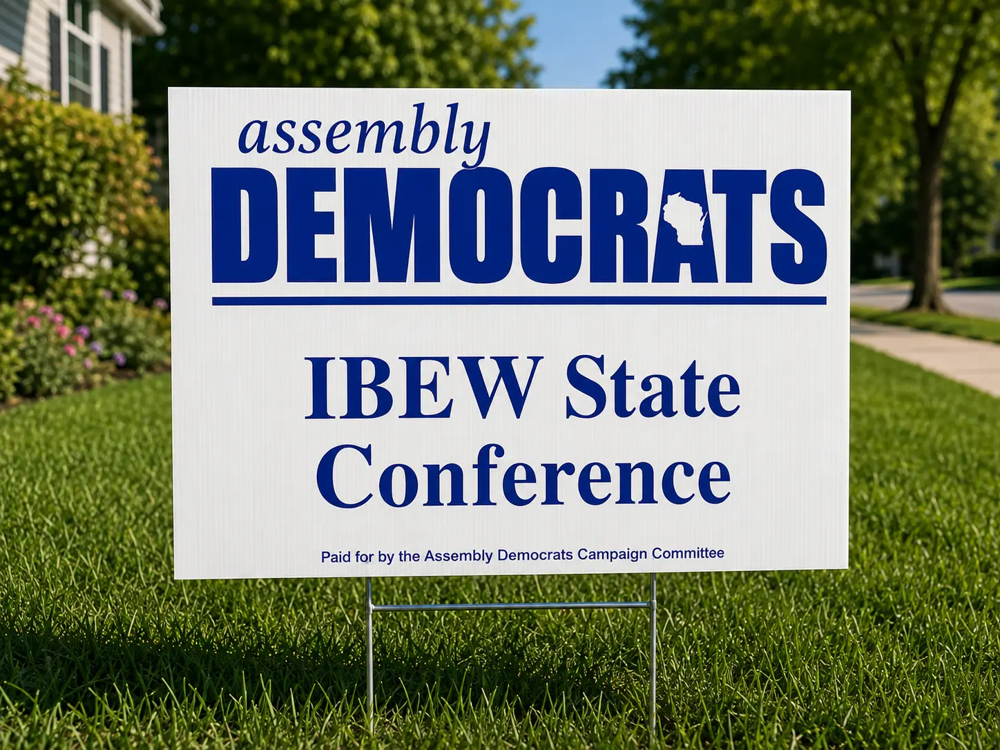 Blue and white Assembly Democrats IBEW State Conference union-printed yard sign