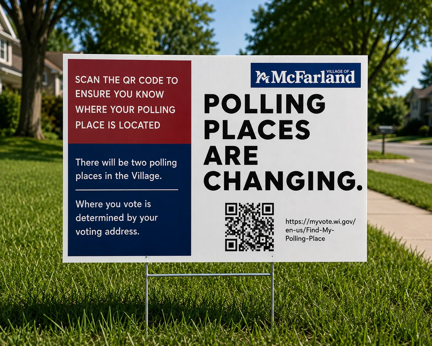 Village of McFarland polling place change informational yard sign with QR code